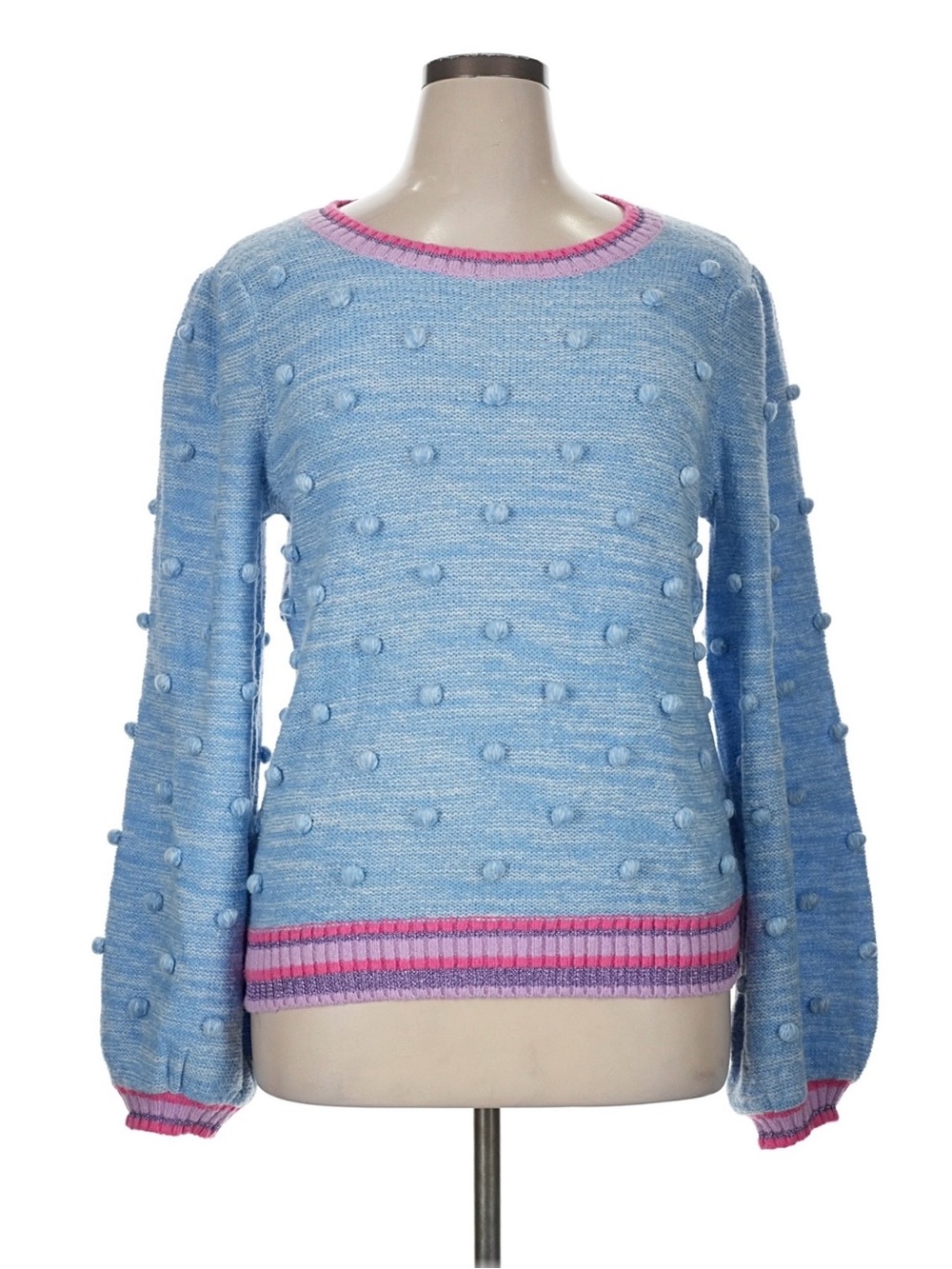 Lilly Pulitzer Light Blue Pom-Pom Crewneck Sweater with Pink Trim